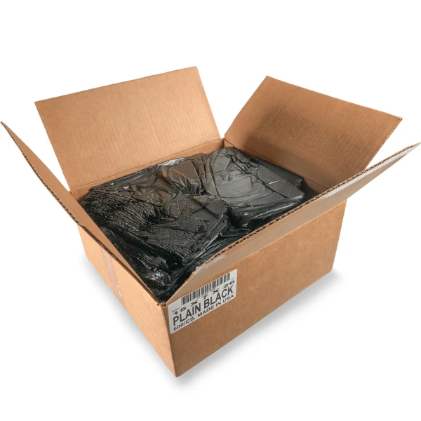 15 x 7 x 26 Black T-Shirt Bags 0.65 Mil Large Case Case of 15 x 7 x 26 Black HDPE Plastic T-Shirt Carry Out Bags