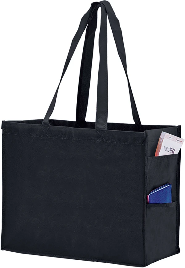 16 x 6 x 12 + 6 Black Non Woven Over-The-Shoulder Tote Bag with Side Pockets 16 x 6 x 12 + 6 Black Non Woven Tote