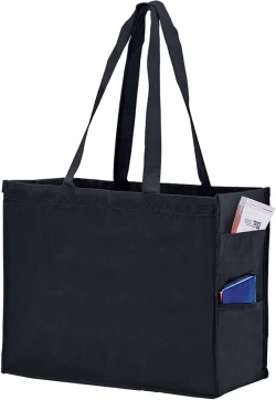 16" x 6" x 12" + 6" Black Non Woven Over-The-Shoulder Tote Bag with Side Pockets