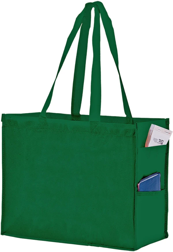 16x6x12+6 Hunter Green Non Woven Over-The-Shoulder Tote Bag with Side Pockets 16x6x12+6 Hunter Green Non Woven Tote