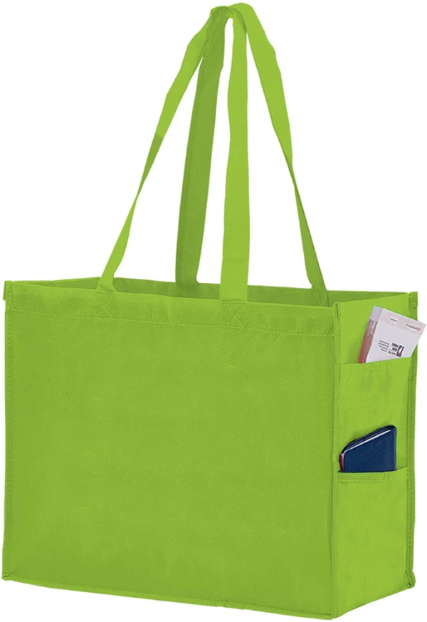 16 x 6 x 12 + 6 Lime Non Woven Over-The-Shoulder Tote Bag with Side Pockets 16 x 6 x 12 + 6 Lime Non Woven Tote