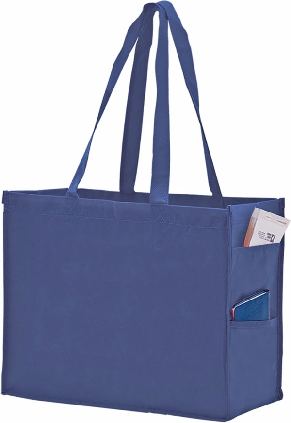16 x 6 x 12 + 6 Navy Non Woven Over-The-Shoulder Tote Bag with Side Pockets 16 x 6 x 12 Navy Non Woven Tote