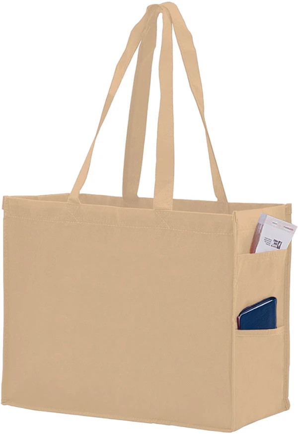 16 x 6 x 12 + 6 Tan Non Woven Over-The-Shoulder Tote Bag with Side Pockets 16 x 6 x 12 + 6 Tan Non Woven Tote