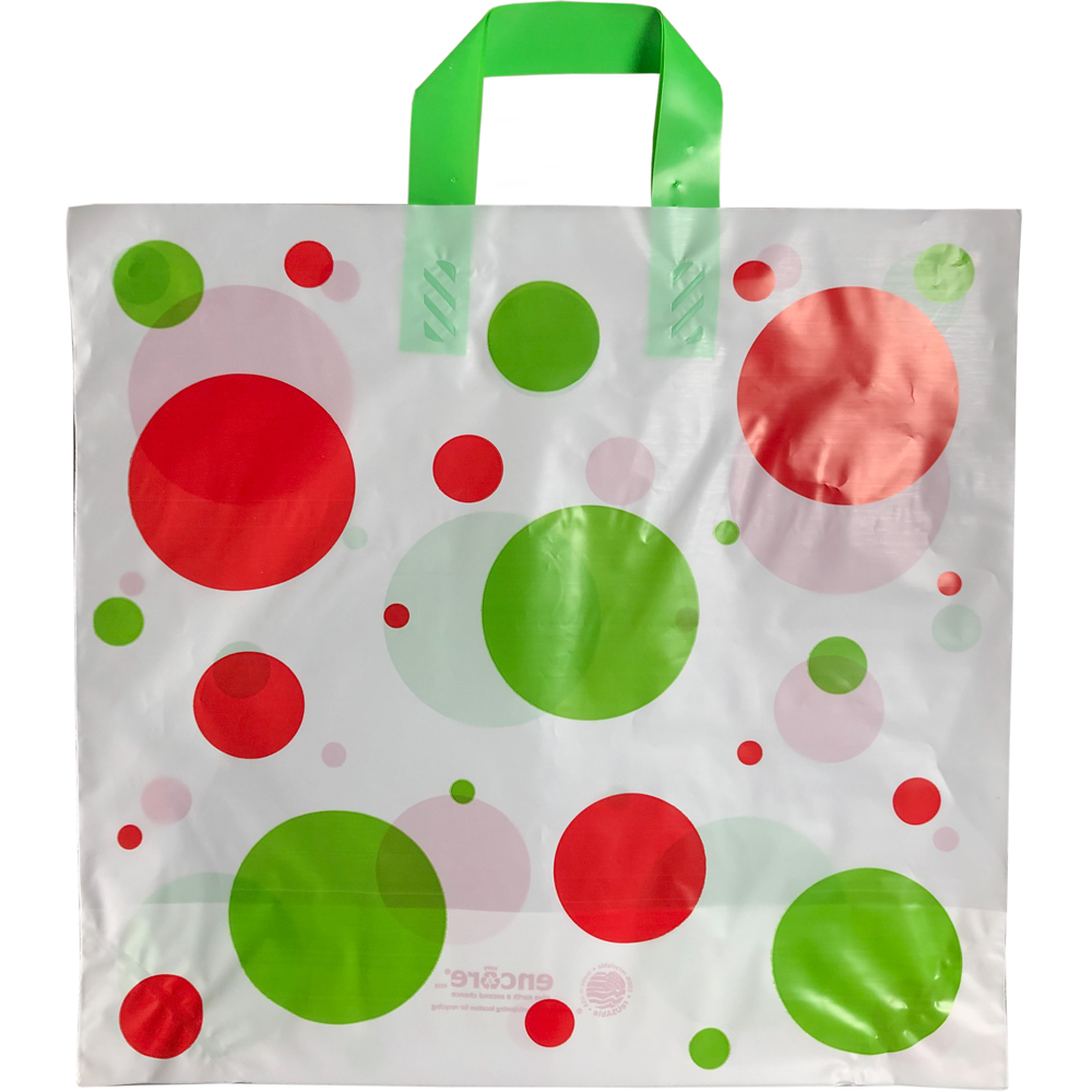 16 x 15 + 6 Dots Soft Loop Handle Holiday Shopping Bag with Red and Green Dots Print
