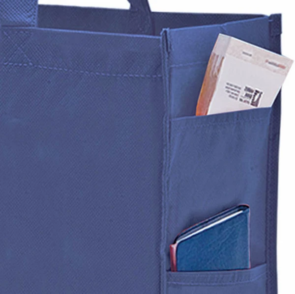 16 x 6 x 12 + 6 Navy Non Woven Over-The-Shoulder Tote Bag with Side Pockets 16 x 6 x 12 Navy Non Woven Tote