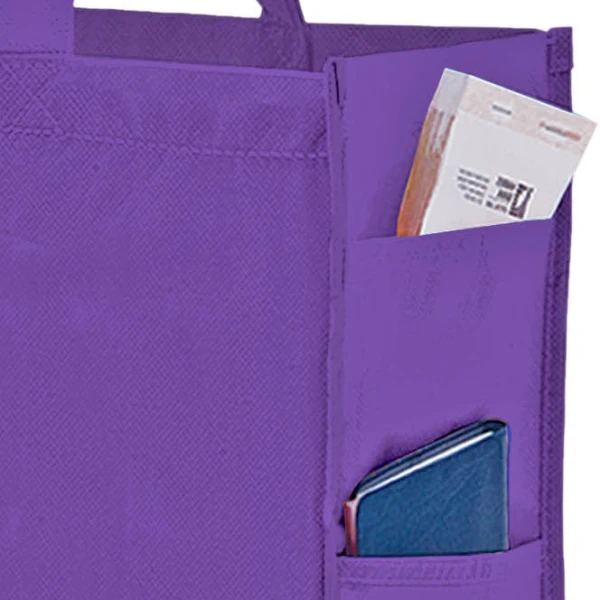 16x6x12+6 Purple Non Woven Over-The-Shoulder Tote Bag with Side Pockets 16x6x12+6 Purple Non Woven Tote