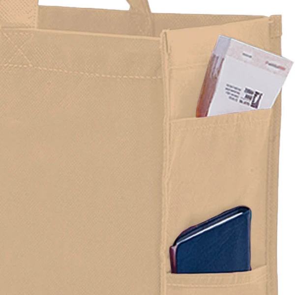 16 x 6 x 12 + 6 Tan Non Woven Over-The-Shoulder Tote Bag with Side Pockets 16 x 6 x 12 + 6 Tan Non Woven Tote
