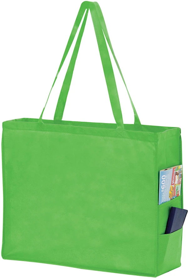 20 x 6 x 16 + 6 Lime Non Woven Over-The-Shoulder Tote Bag with Side Pockets 20 x 6 x 16 + 6 Lime Non Woven Tote