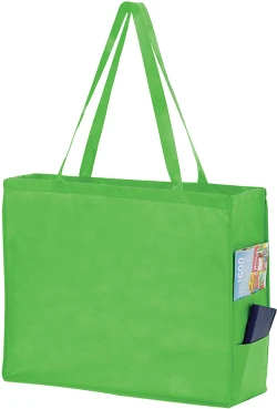 20" x 6" x 16" + 6" Lime Non Woven Over-The-Shoulder Tote Bag with Side Pockets