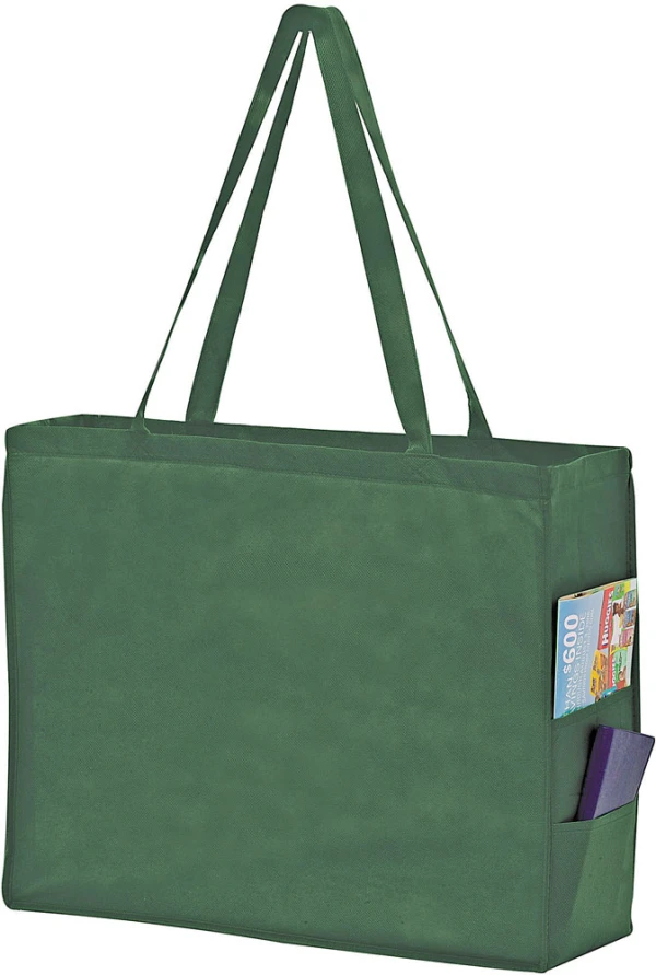 20 x 6 x 16 + 6 Hunter Green Non Woven Over-The-Shoulder Tote Bag with Side Pockets 20x6x16+6 Hunter Green Non Woven Tote