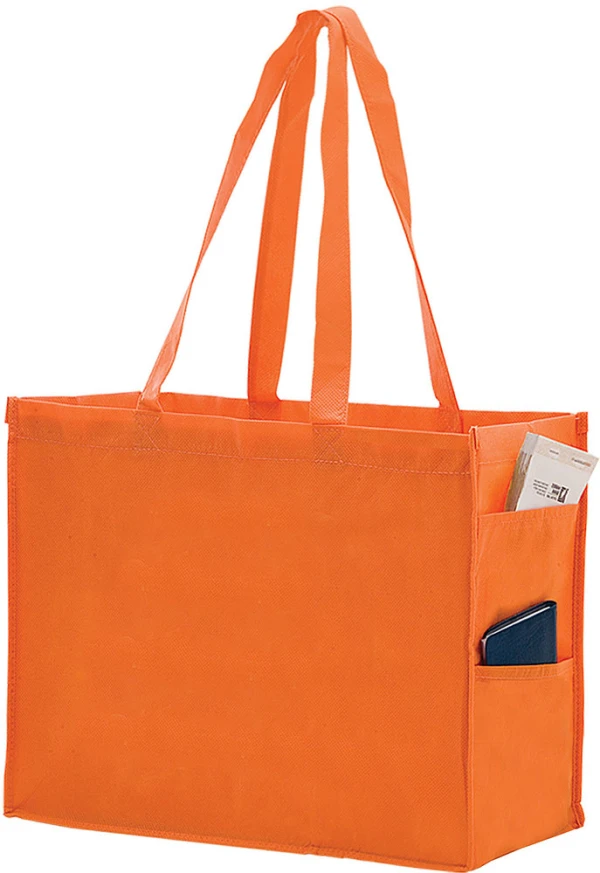 20 x 6 x 16 + 6 Orange Non Woven Over-The-Shoulder Tote Bag with Side Pockets 20 x 6 x 16 + 6 Orange Non Woven Tote