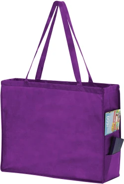 20" x 6" x 16" + 6" Purple Non Woven Over-The-Shoulder Tote Bag with Side Pockets