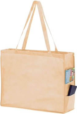 20" x 6" x 16" + 6" Tan Non Woven Over-The-Shoulder Tote Bag with Side Pockets