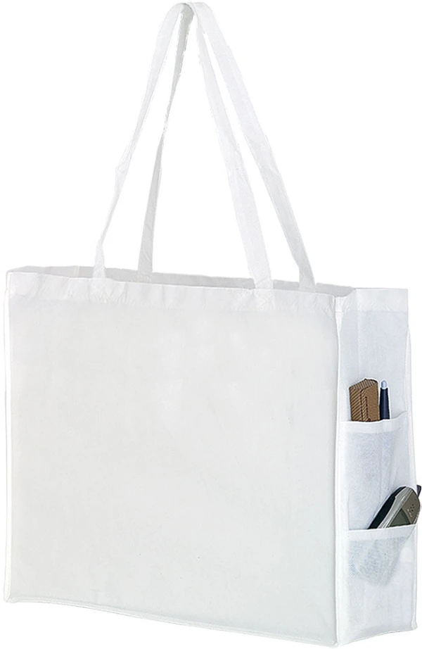 20 x 6 x 16 + 6 White Non Woven Over-The-Shoulder Tote Bag with Side Pockets 20 x 6 x 16 White Non Woven Over the Shoulder Tote Bag