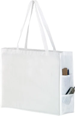 20" x 6" x 16" + 6" White Non Woven Over-The-Shoulder Tote Bag with Side Pockets