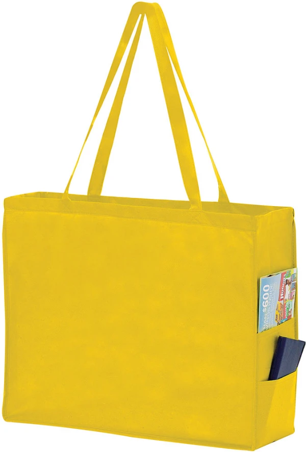 20 x 6 x 16 + 6 Yellow Non Woven Over-The-Shoulder Tote Bag with Side Pockets 20 x 6 x 16 + 6 Yellow Non Woven Tote