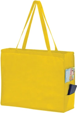 20" x 6" x 16" + 6" Yellow Non Woven Over-The-Shoulder Tote Bag with Side Pockets