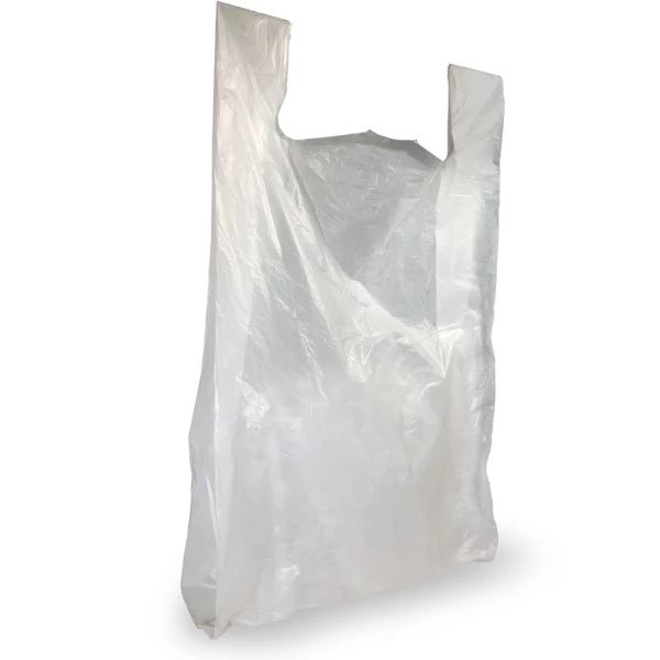 Large 20x10x36 White HD .65 Mil Plastic Plain Carry Out Tee Shirt Bags