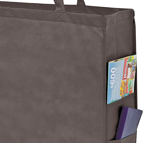 20 x 6 x 16 + 6 Black Non Woven Over-The-Shoulder Tote Bag with Side Pockets 20 x 6 x 16 + 6 Black Non Woven Tote