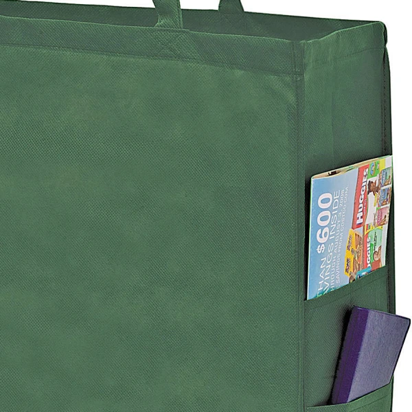 20 x 6 x 16 + 6 Hunter Green Non Woven Over-The-Shoulder Tote Bag with Side Pockets 20x6x16+6 Hunter Green Non Woven Tote