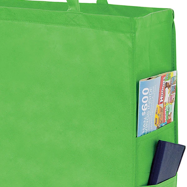 20 x 6 x 16 + 6 Lime Non Woven Over-The-Shoulder Tote Bag with Side Pockets 20 x 6 x 16 + 6 Lime Non Woven Tote
