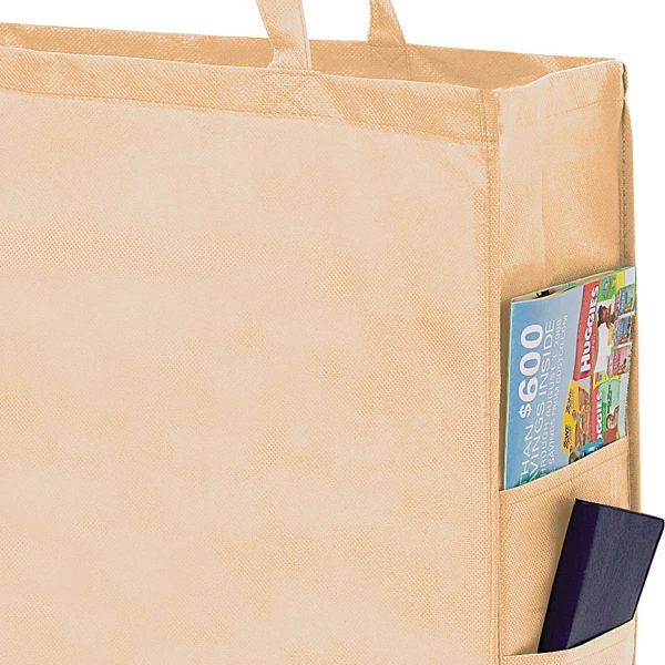 20 x 6 x 16 + 6 Tan Non Woven Over-The-Shoulder Tote Bag with Side Pockets 20 x 6 x 16 + 6 Tan Non Woven Tote