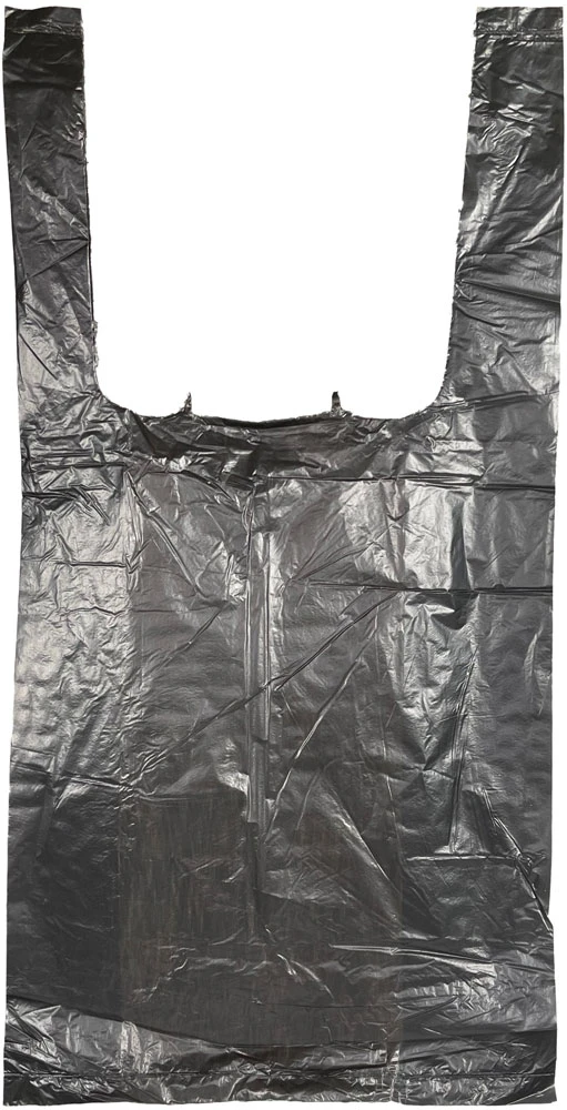 Front of 6 x 3 x 12 Black T-Shirt Bags 0.65 Mil