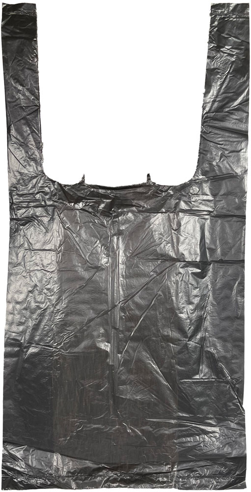 Front of 6 x 3 x 12 Black T-Shirt Bags 0.65 Mil