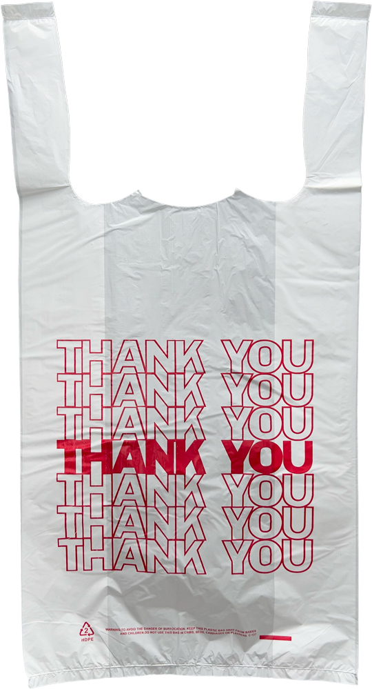 8 x 4 x 16 Thank You Shopping Bags 0.65 Mil 8 x 4 x 16 HDPE Plastic Thank You Take Out Bags Front