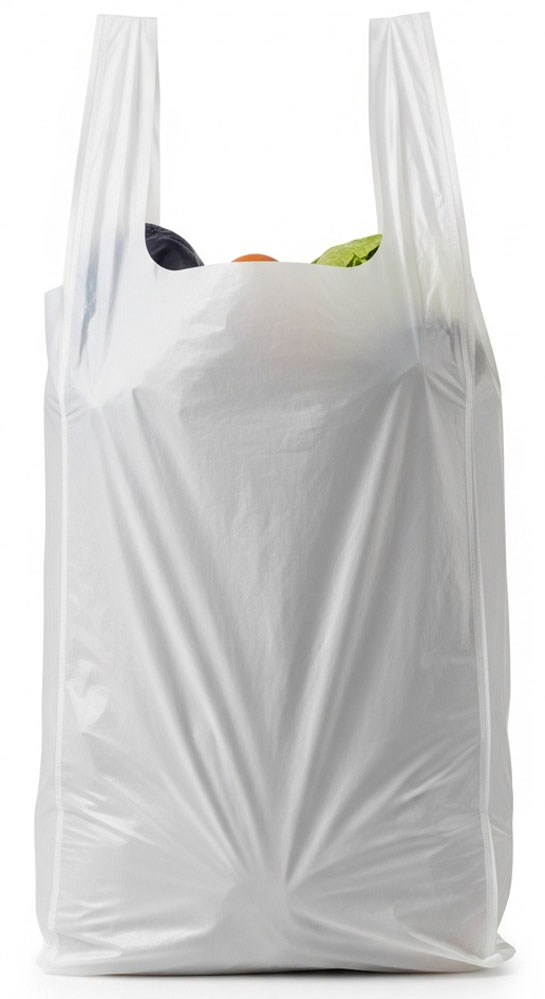 8 x 4 x 16 White T-Shirt Bags 0.65 Mil Small with Groceries Groceries inside of a 8 x 4 x 16 HDPE Plastic T-Shirt Carry Out Bags