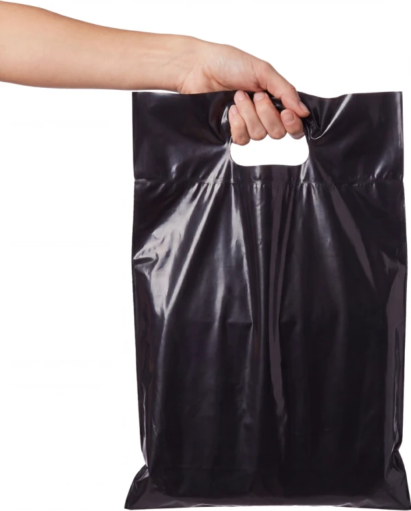 9x13+2 2.5 Mil Black Fold-Over Reinforced Die Cut Handle Bags