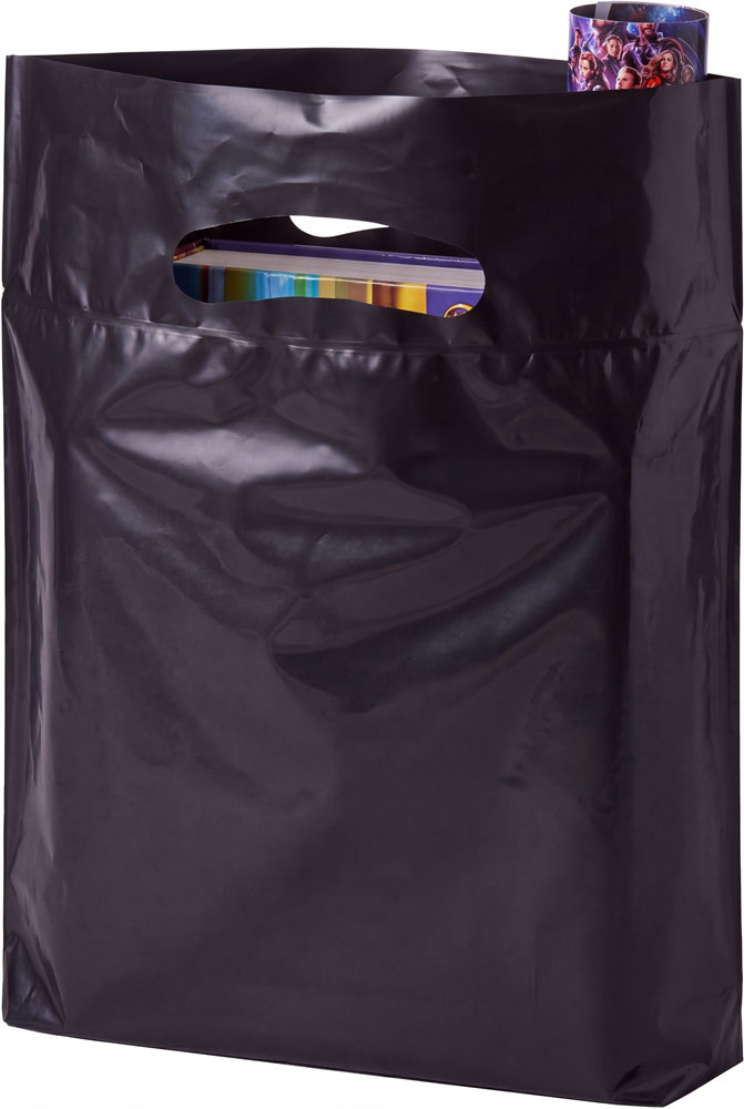 merchandise inside of a 9x13+2 2.5 Mil Black Fold-Over Reinforced Die Cut Handle Bags