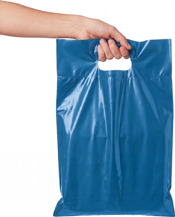 9x13+2 2.5 Mil Blue Fold-Over Reinforced Die Cut Handle Bags
