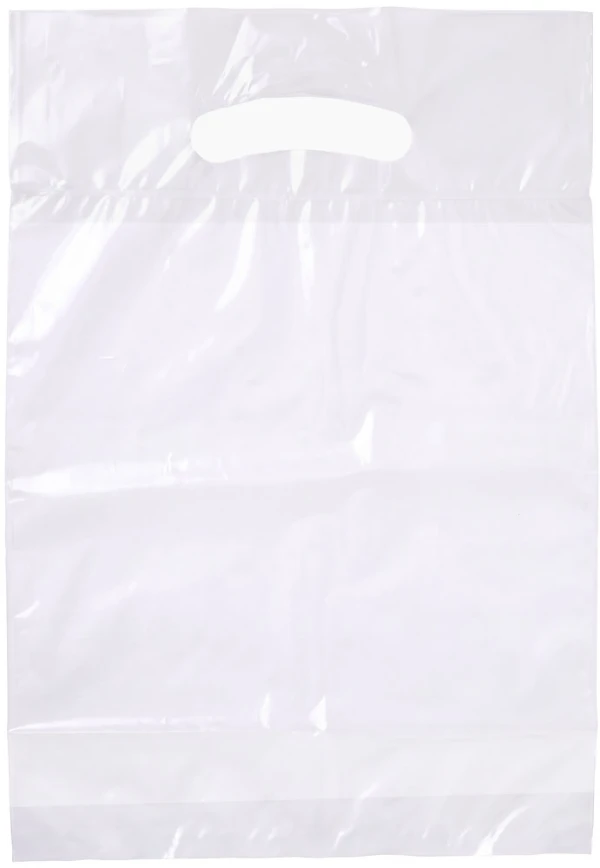 9x13+2 2.5 Mil Clear Retail Shopping Bags 9x13+2 2.5 Mil Clear Fold-Over Reinforced Die Cut Handle Bags