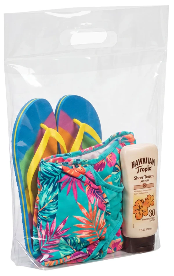 9x13+2 2.5 Mil Clear Retail Shopping Bags with Merchandise Merchandise inside of a 9x13+2 2.5 Mil Clear Fold-Over Reinforced Die Cut Handle Bags