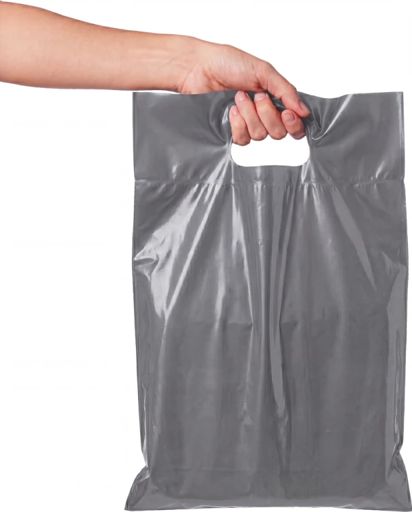 9x13+2 2.5 Mil Gray Retail Shopping Bags 9x13+2 2.5 Mil Gray Fold-Over Reinforced Die Cut Handle Bags