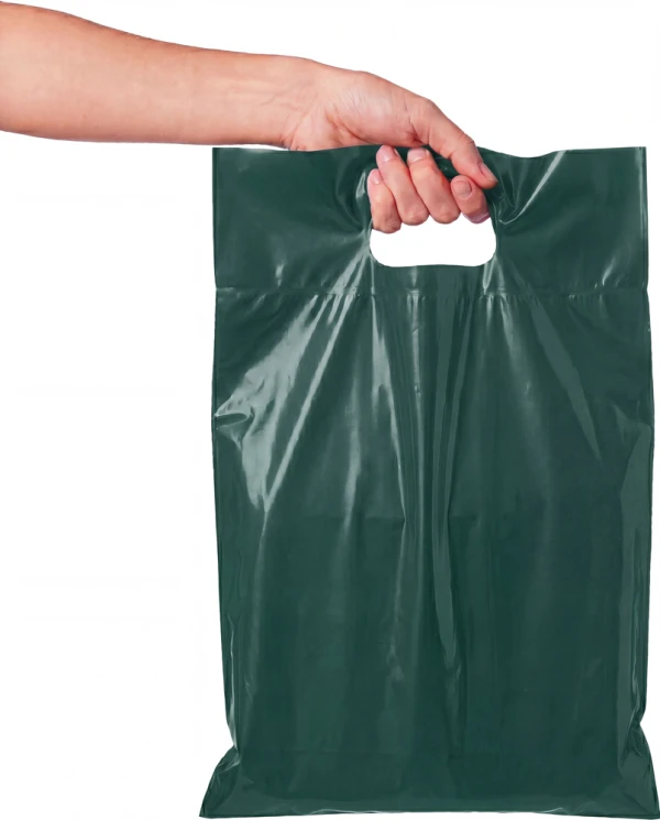 9x3+2 2.5 Mil Hunter Green Retail Shopping Bags 9x3+2 2.5 Mil Hunter Green Fold-Over Reinforced Die Cut Handle Bags