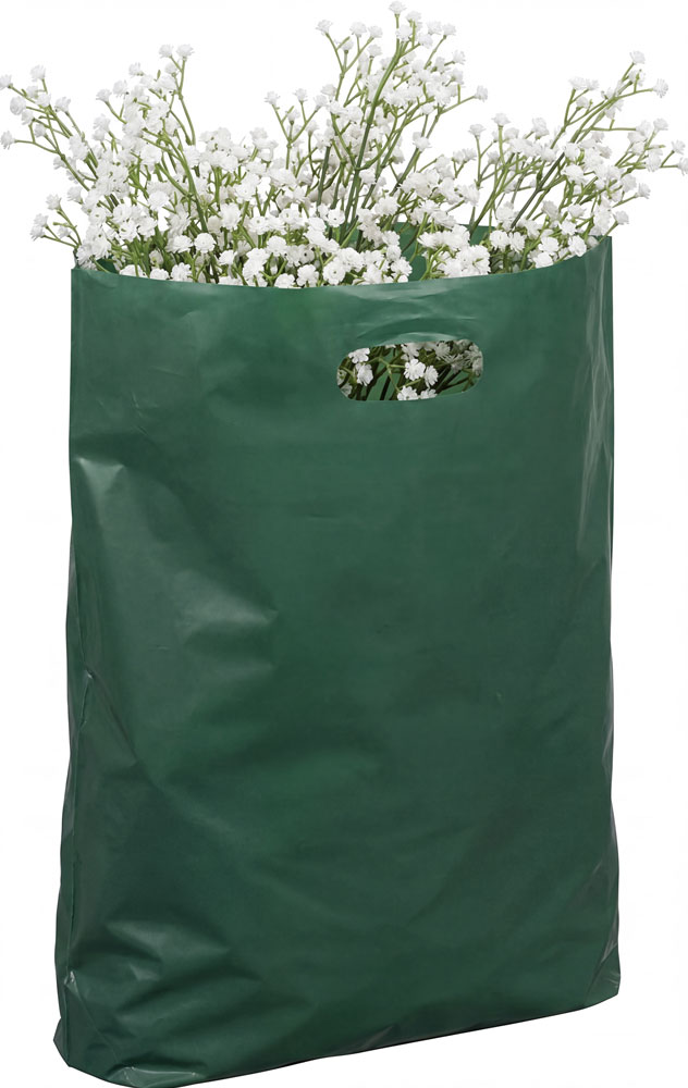 Hobby Flowers in a 9x13+2 2.5 Mil Hunter Green Fold-Over Reinforced Die Cut Handle Bags