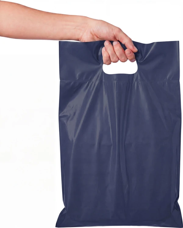 9x13+2 2.5 Mil Navy Retail Shopping Bags 9x13+2 2.5 Mil Navy Fold-Over Reinforced Die Cut Handle Bags