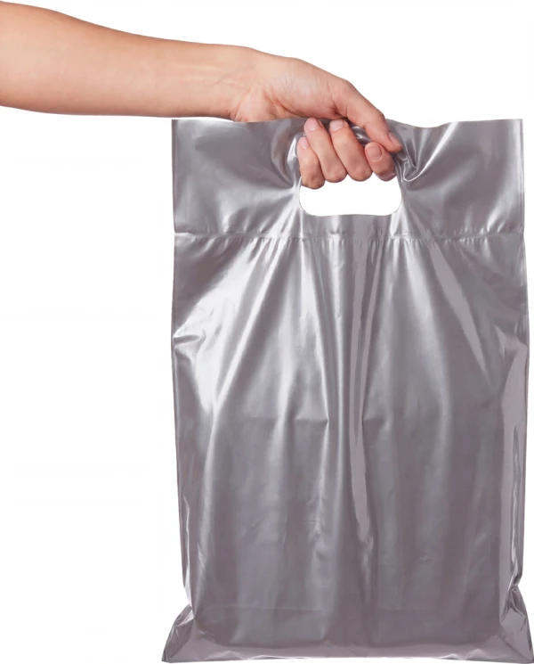 9x13+2 2.5 Mil Silver Retail Shopping Bags 9x13+2 2.5 Mil Silver Fold-Over Reinforced Die Cut Handle Bags