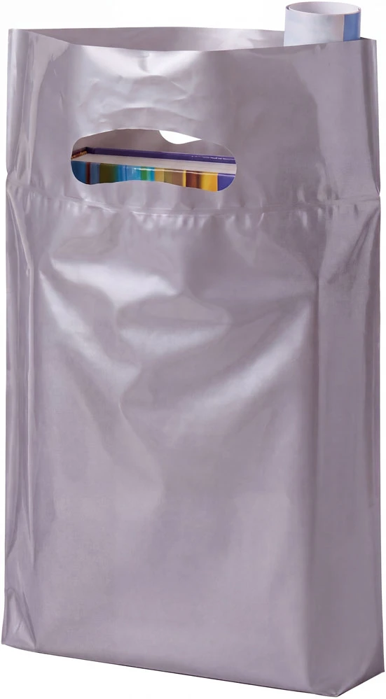 9x13+2 2.5 Mil Silver Retail Shopping Bags with Merchandise 9x13+2 2.5 Mil Silver Fold-Over Reinforced Die Cut Handle Bags Holding Merchandise