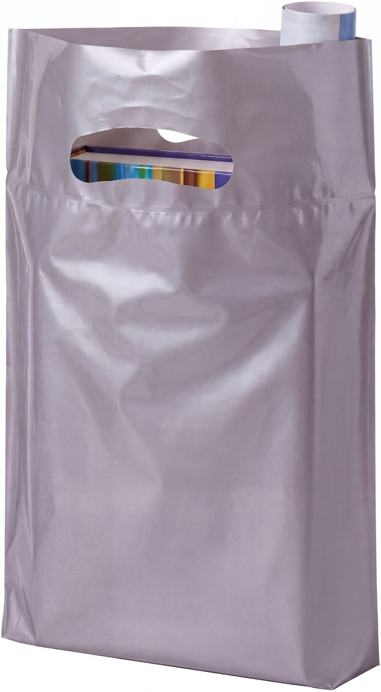 9x13+2 2.5 Mil Silver Fold-Over Reinforced Die Cut Handle Bags Holding Merchandise
