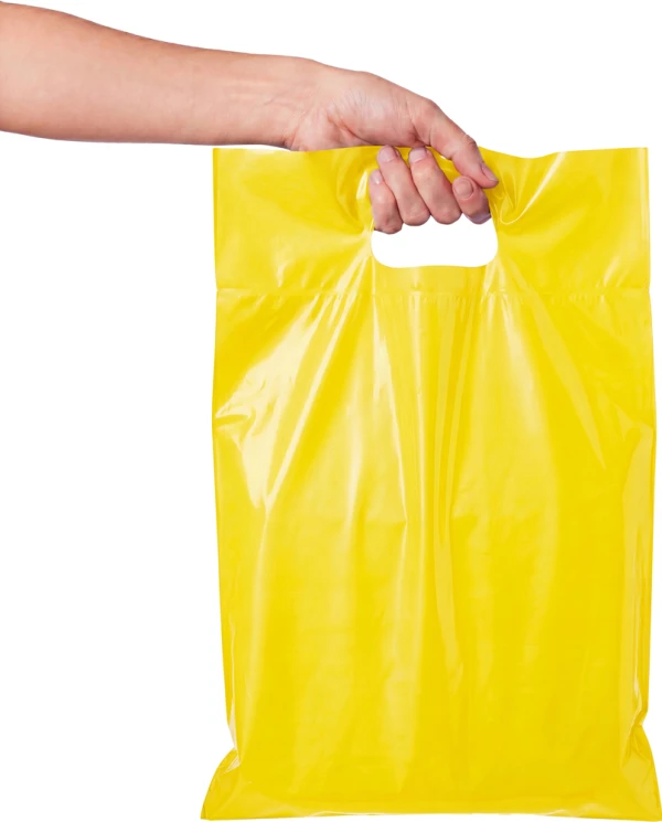9x13 +2 2.5 Mil Yellow Retail Shopping Bags 9x13+2 2.5 Mil Yellow Fold-Over Reinforced Die Cut Handle Bags