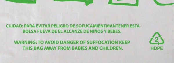 #2 Recycle Symbol on 11.5x6.5x21 Gracias Carry Out Bags 0.65 Mil #2 green printed Recycle Symbol