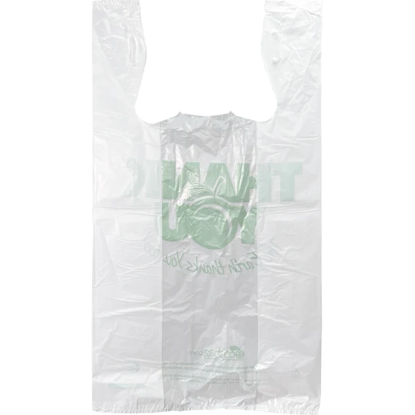 Earth Friendly 11.5 x 21 Thank You Bags Back Back of 11.5 x 6.5 x 21 Earth Friendly HDPE Plastic Thank You Take Out Bags