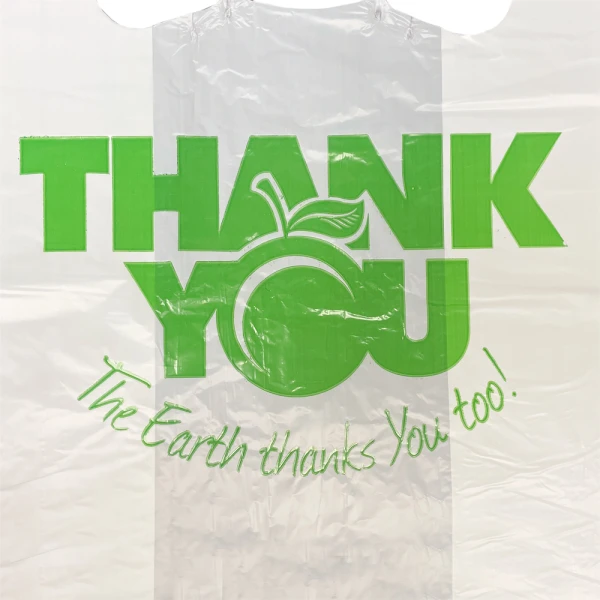 Earth Friendly 11.5 x 21 Thank You Bags Front Print Close up of 11.5 x 6.5 x 21 Earth Friendly HDPE Plastic Thank You Take Out Bags Front Print