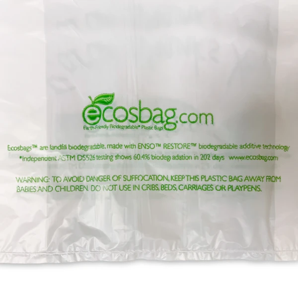 Earth Friendly 11.5 x 21 Thank You Bags Suffocation Warning Close up of 1.5 x 6.5 x 21 Earth Friendly HDPE Plastic Thank You Take Out Bags Suffocation Warning