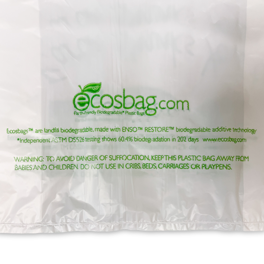 Close up of 1.5 x 6.5 x 21 Earth Friendly HDPE Plastic Thank You Take Out Bags Suffocation Warning