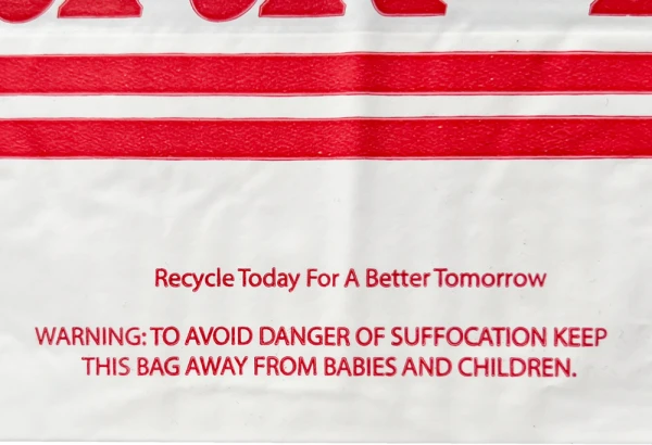 12 x 13 + 5 Wave Top Thank You Carry Out Bag Suffocation Warning Suffocation Warning with Please Recycle 12 x 13 + 5 Bottom Gusset Wave Top Thank You Bag