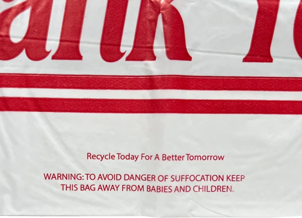 15 x 14 + 5 Wave Top Thank You Carry Out Bag Suffocation Warning & Recycle Suffocation Warning and Recycle Staement 15 x 14 + 5 Bottom Gusset Wave Top Thank You Bag